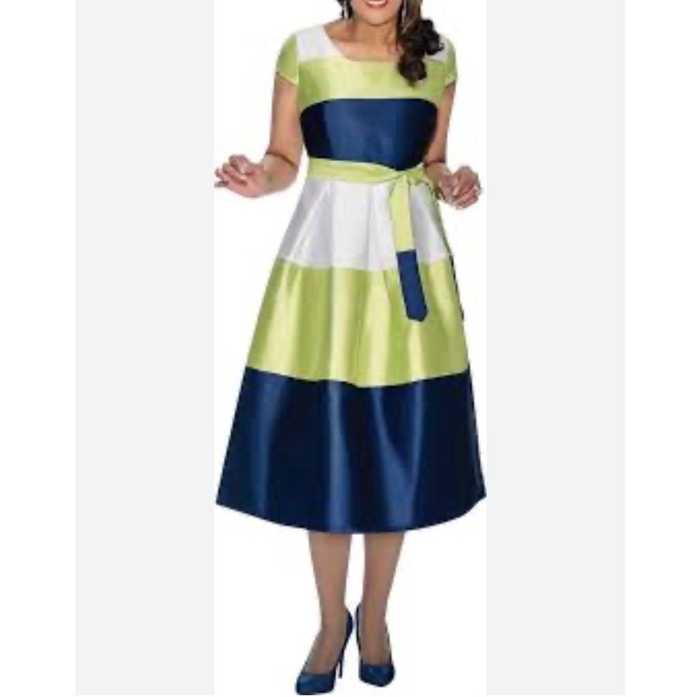 Dorinda Clark Cole Rose Collection‎ Colorblock Belted Midi Dress Size 18
